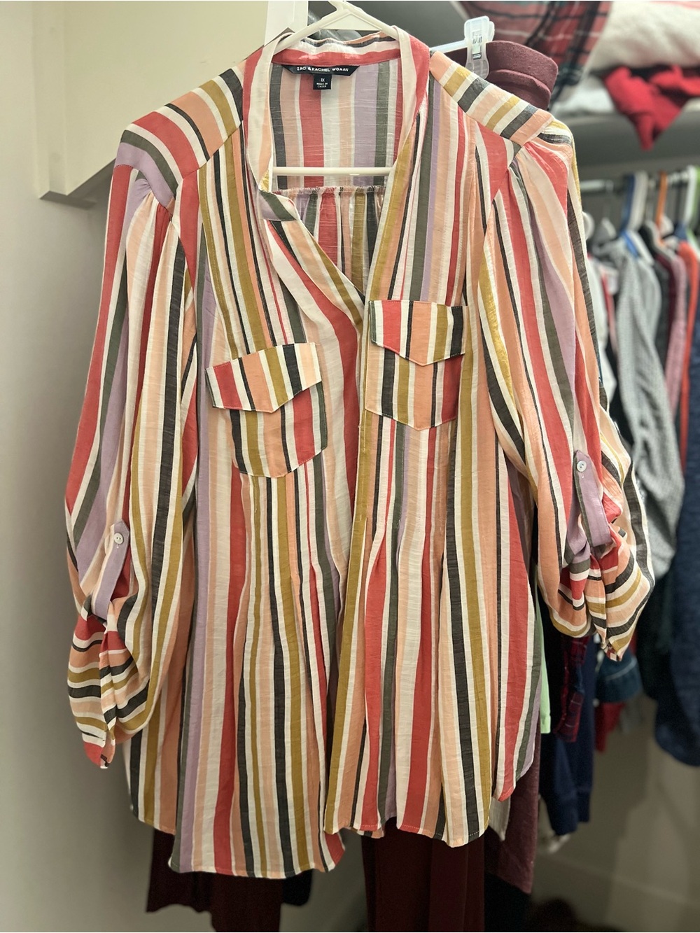 Zac & Rachel Multistripe Button-Front Blouse in Coral, Olive & Mustard